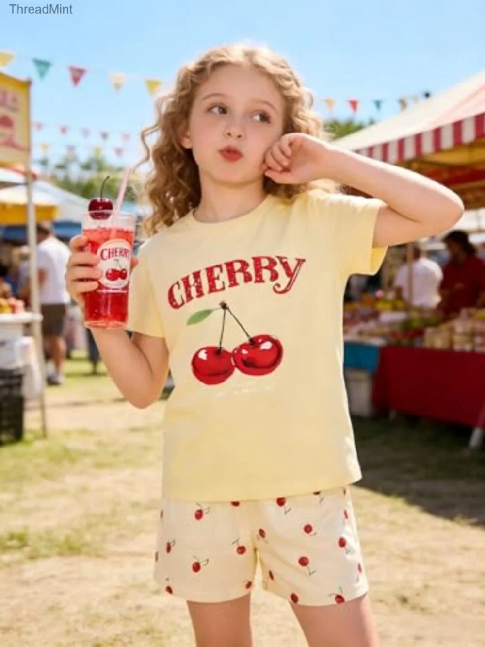 Girls Two Piece Cherry Short Set with Pockets M/L 7-14